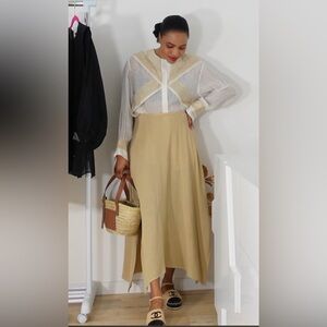 Massimo Dutti Cream and Beige Linen Blouse & Maxi Cotton Skirt Set Size M NWT